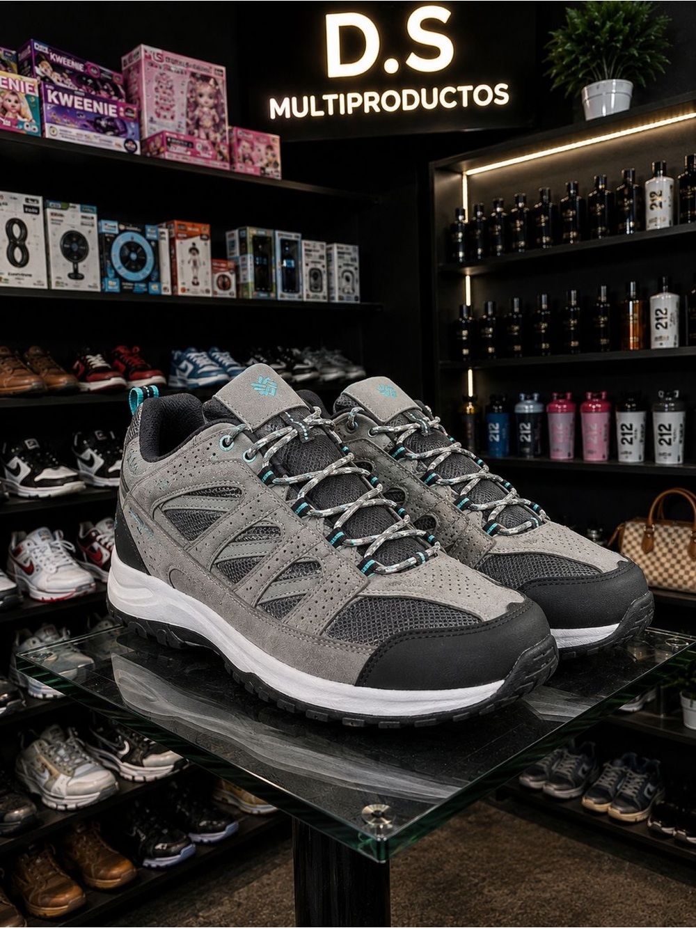 Columbia Grey and Black Athletic Hiking Shoes with Teal Accents